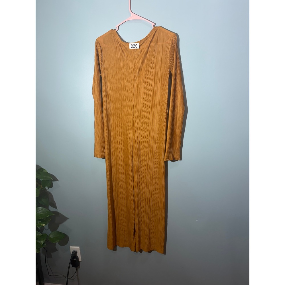 Mustard Yellow Plisse Long Sleeve Maxi Dress Textured Elastic Waist Ochre XL - Picture 2 of 3